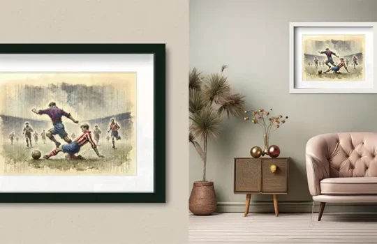 Cuadro decorativo de fútbol retro colgado en una pared estilo vintage